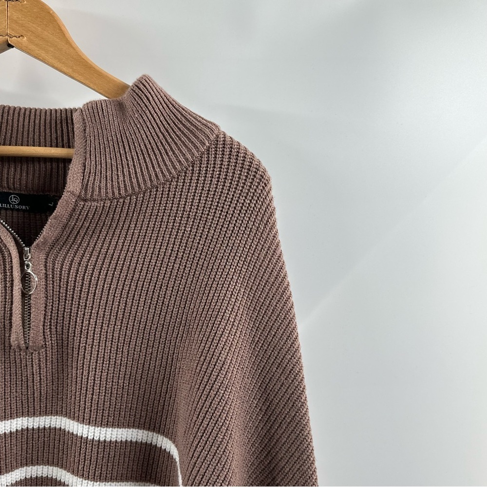 Lillusory Knitted Quarter-Zip Brown & White Striped Sweater – Size Large - Picture 2 of 5
